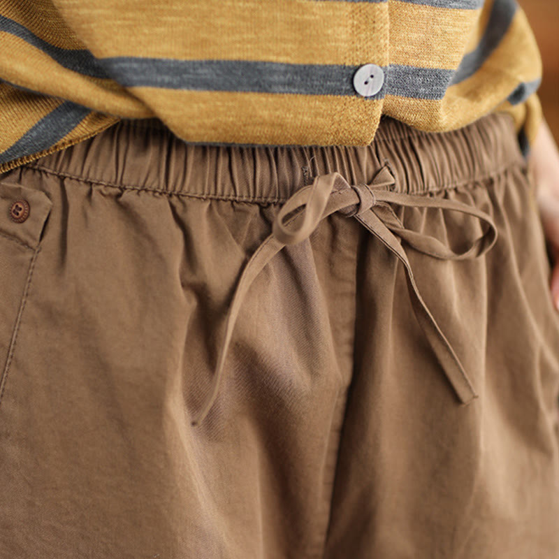 Buddha Stones Lässige, schlichte Haremshose aus Baumwolle für Damen mit gepatchtem Bündchendesign und Taschen - image 2