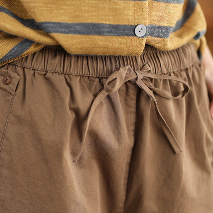 Buddha Stones Lässige, schlichte Haremshose aus Baumwolle für Damen mit gepatchtem Bündchendesign und Taschen - image 2