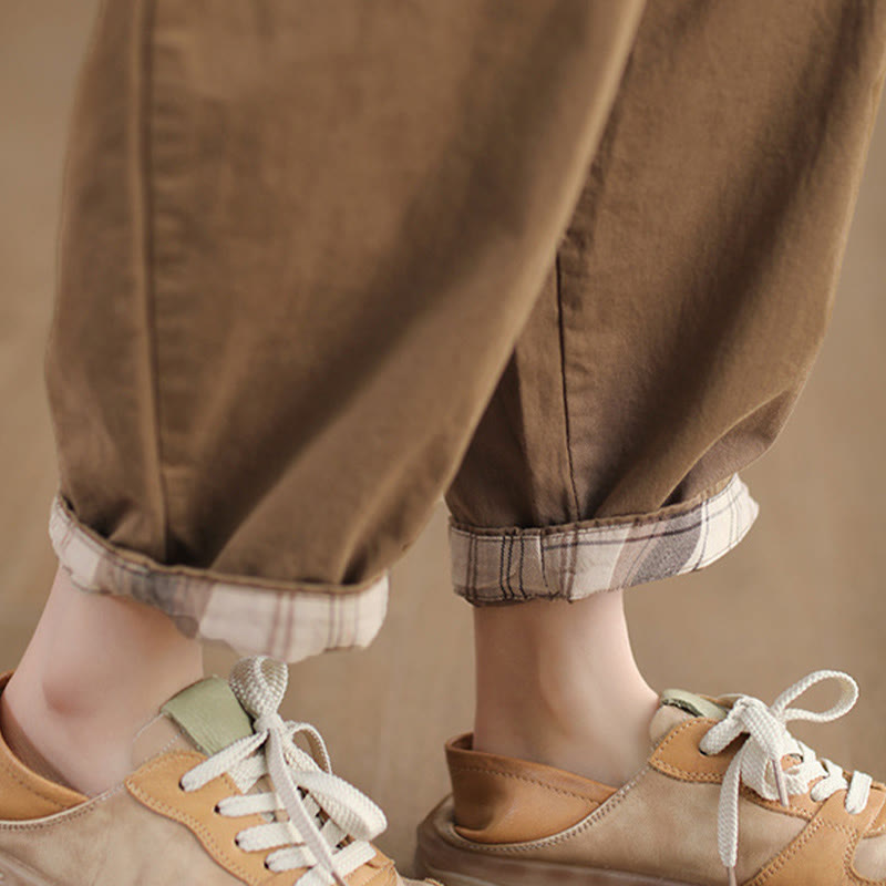 Buddha Stones Lässige, schlichte Haremshose aus Baumwolle für Damen mit gepatchtem Bündchendesign und Taschen - image 6
