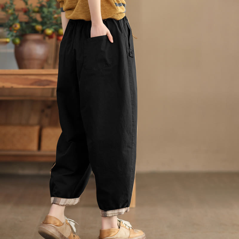 Buddha Stones Lässige, schlichte Haremshose aus Baumwolle für Damen mit gepatchtem Bündchendesign und Taschen
