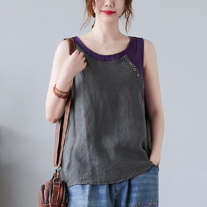 Buddha Stones Sommer Farblich passende Fake 2-teiliges Design Rundhalsausschnitt Baumwolle Leinen Damen Weste