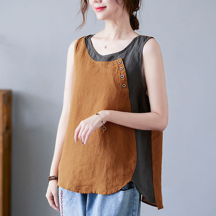 Buddha Stones Sommer Farblich passende Fake 2-teiliges Design Rundhalsausschnitt Baumwolle Leinen Damen Weste