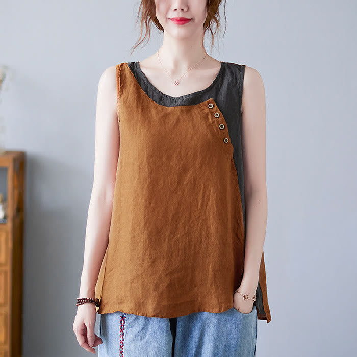 Buddha Stones Sommer Farblich passende Fake 2-teiliges Design Rundhalsausschnitt Baumwolle Leinen Damen Weste