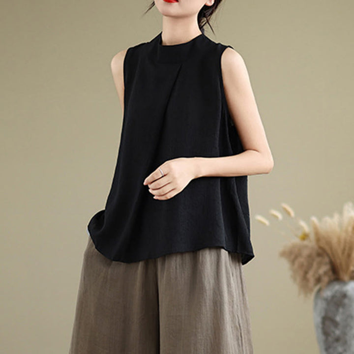 Buddha Stones Lässige, schlichte Weste mit Stehkragen aus Baumwolle und Leinen für Damen - image 21