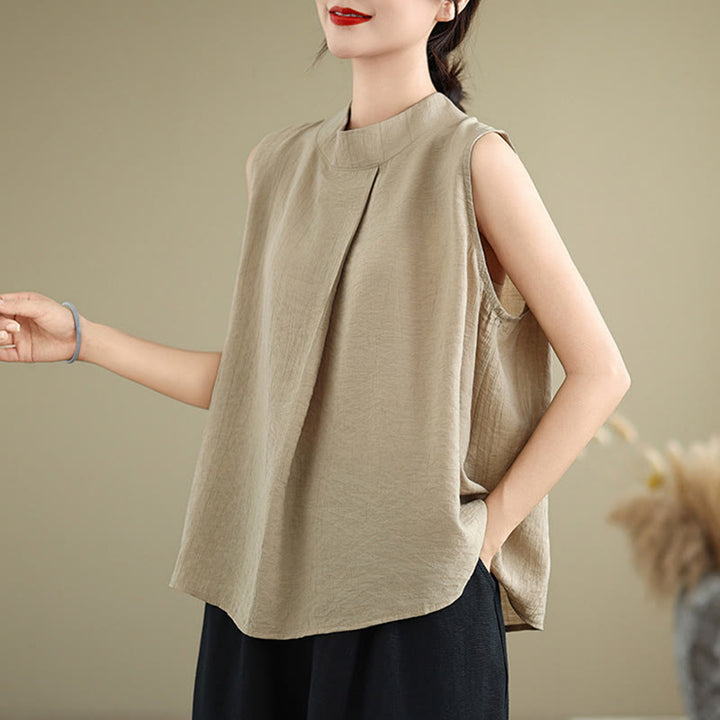 Buddha Stones Lässige, schlichte Weste mit Stehkragen aus Baumwolle und Leinen für Damen - image 12