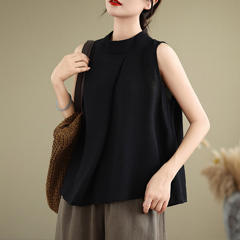 Buddha Stones Lässige, schlichte Weste mit Stehkragen aus Baumwolle und Leinen für Damen - image 20