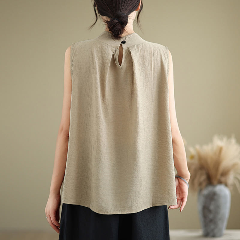 Buddha Stones Lässige, schlichte Weste mit Stehkragen aus Baumwolle und Leinen für Damen - image 16