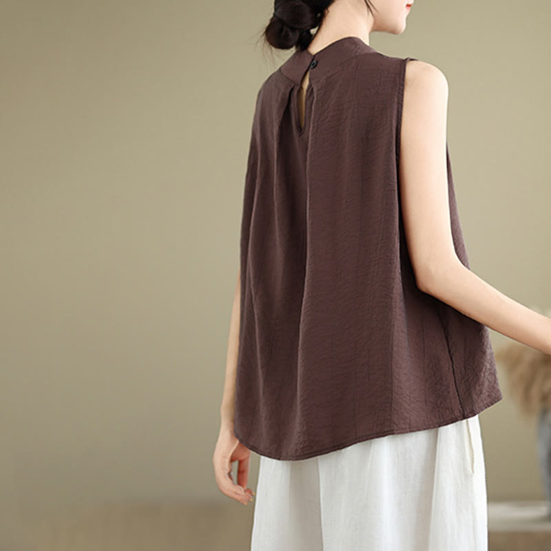 Buddha Stones Lässige, schlichte Weste mit Stehkragen aus Baumwolle und Leinen für Damen - image 6