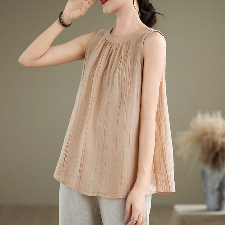 Buddha Stones Sommerfalten Einfaches Design Rundhalsausschnitt Baumwolle Leinen Damen Ärmellose Weste - image 30