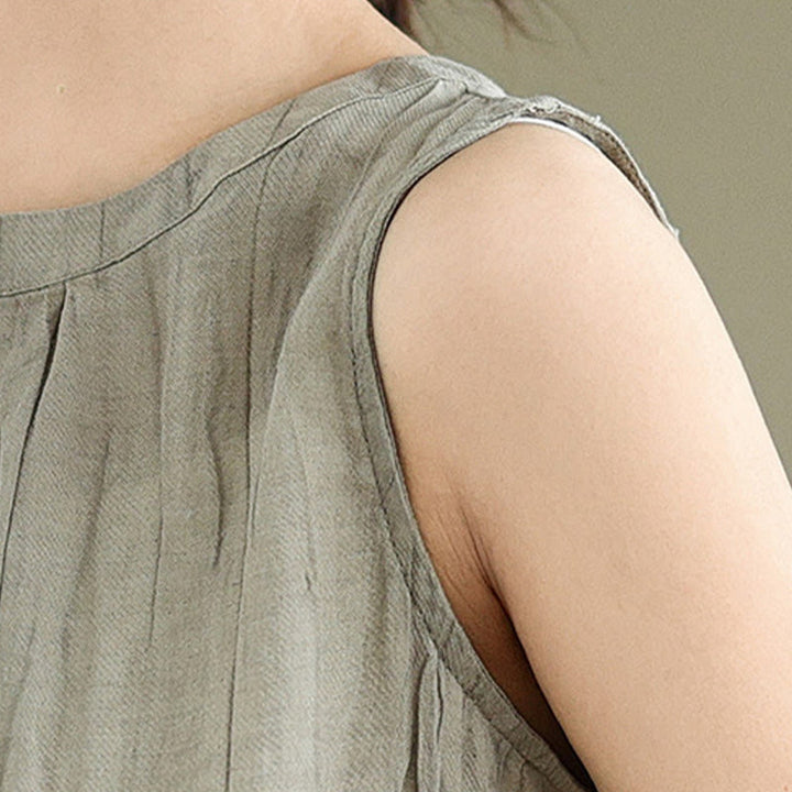 Buddha Stones Sommerfalten Einfaches Design Rundhalsausschnitt Baumwolle Leinen Damen Ärmellose Weste - image 7