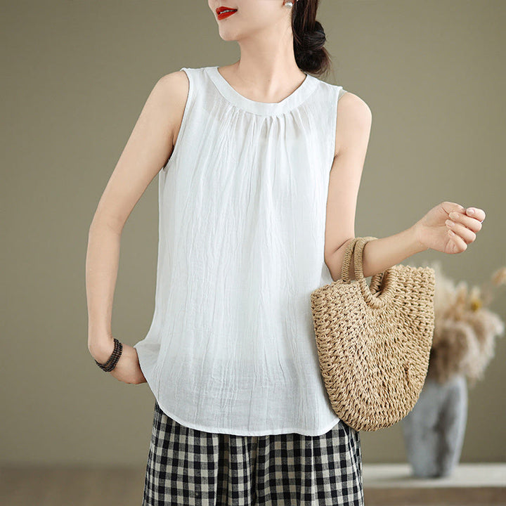 Buddha Stones Sommerfalten Einfaches Design Rundhalsausschnitt Baumwolle Leinen Damen Ärmellose Weste - Weiß - US 8-10, UK/AU 12-14, EU 40-42 (2XL) - image 10