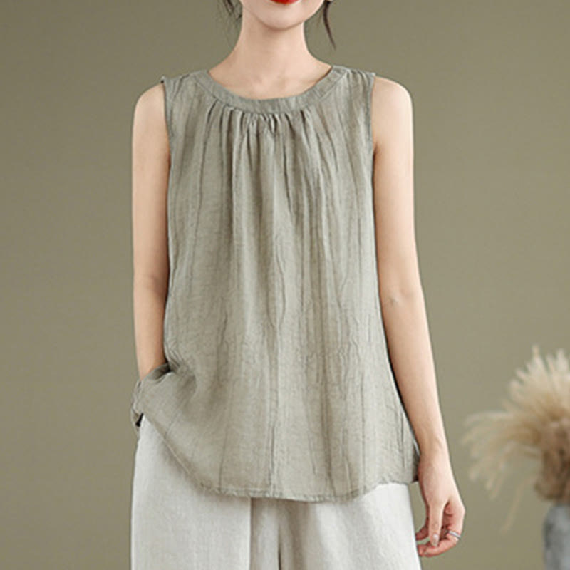 Buddha Stones Sommerfalten Einfaches Design Rundhalsausschnitt Baumwolle Leinen Damen Ärmellose Weste - image 1
