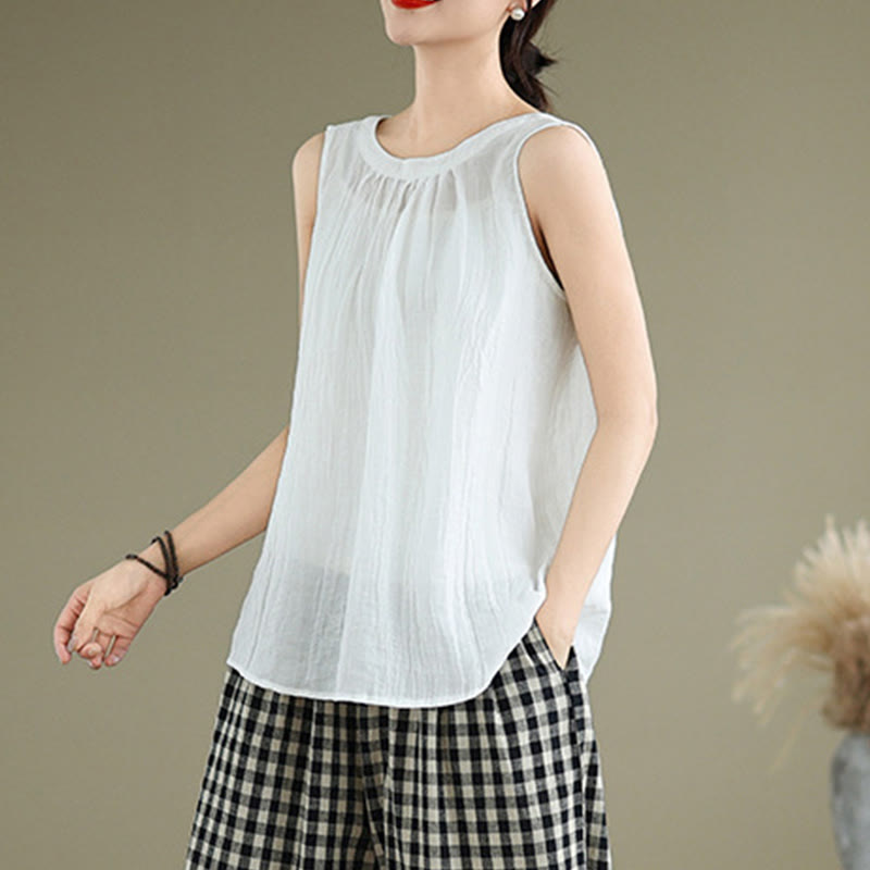 Buddha Stones Sommerfalten Einfaches Design Rundhalsausschnitt Baumwolle Leinen Damen Ärmellose Weste - image 13