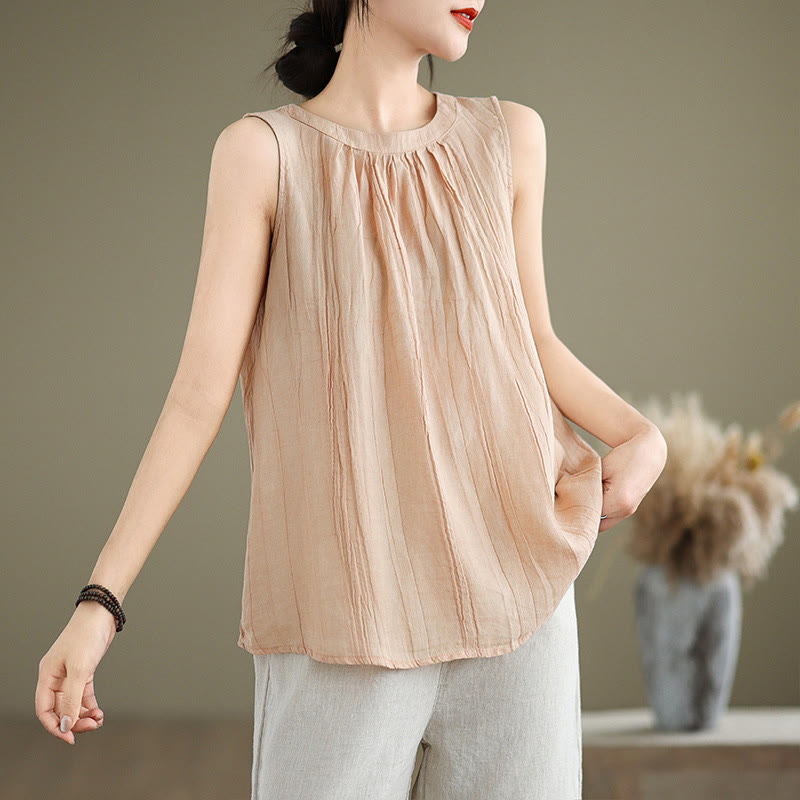 Buddha Stones Sommerfalten Einfaches Design Rundhalsausschnitt Baumwolle Leinen Damen Ärmellose Weste - Pfirsichpuff - US 8-10, UK/AU 12-14, EU 40-42 (2XL) - image 26
