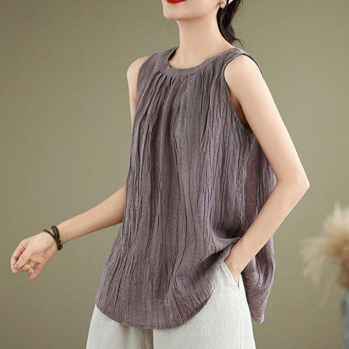 Buddha Stones Sommerfalten Einfaches Design Rundhalsausschnitt Baumwolle Leinen Damen Ärmellose Weste - image 21