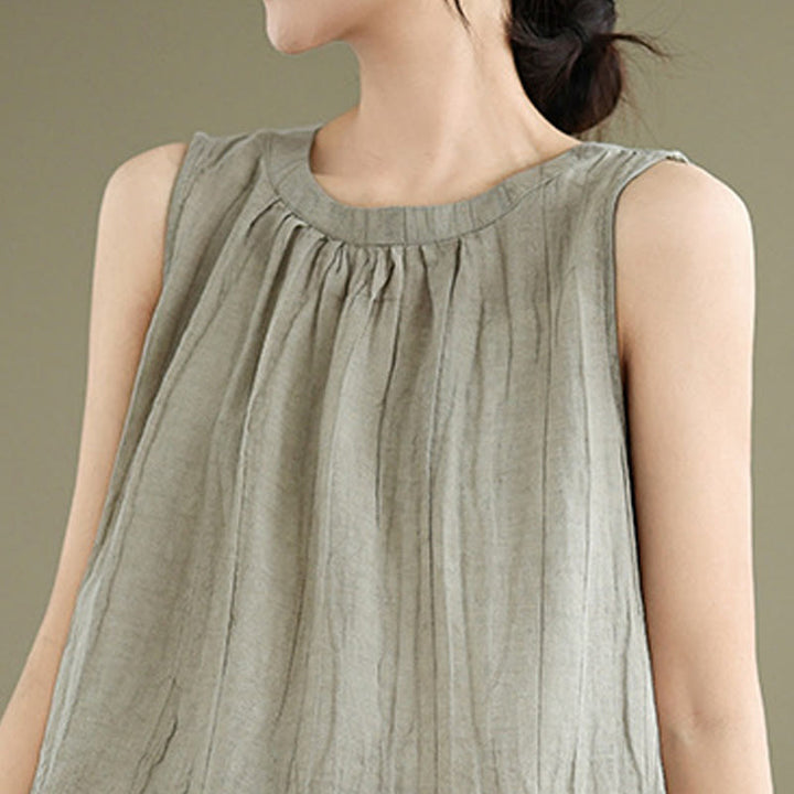 Buddha Stones Sommerfalten Einfaches Design Rundhalsausschnitt Baumwolle Leinen Damen Ärmellose Weste - image 4