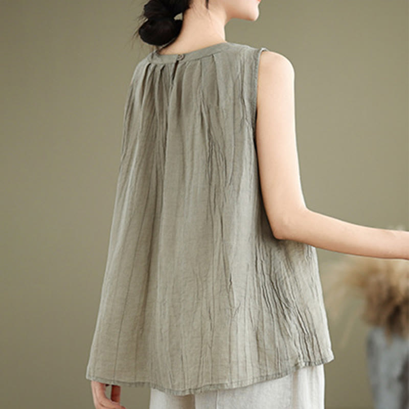 Buddha Stones Sommerfalten Einfaches Design Rundhalsausschnitt Baumwolle Leinen Damen Ärmellose Weste - image 2