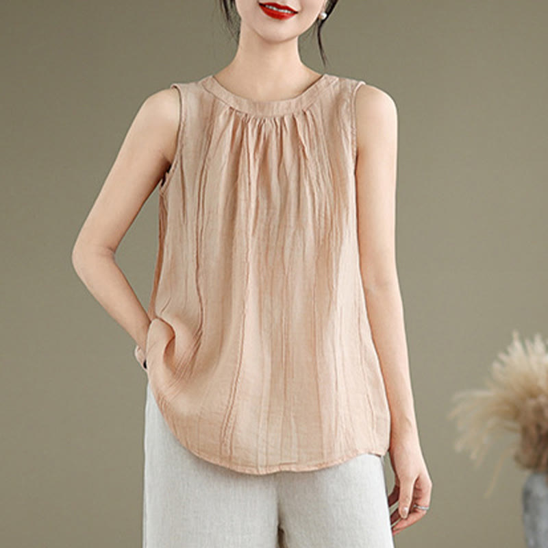 Buddha Stones Sommerfalten Einfaches Design Rundhalsausschnitt Baumwolle Leinen Damen Ärmellose Weste - image 27