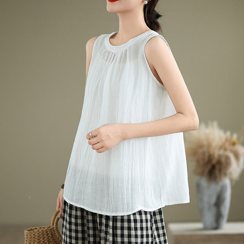 Buddha Stones Sommerfalten Einfaches Design Rundhalsausschnitt Baumwolle Leinen Damen Ärmellose Weste - image 12