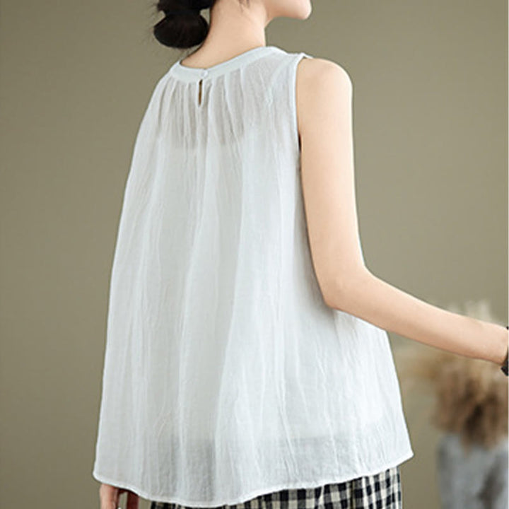 Buddha Stones Sommerfalten Einfaches Design Rundhalsausschnitt Baumwolle Leinen Damen Ärmellose Weste - image 14