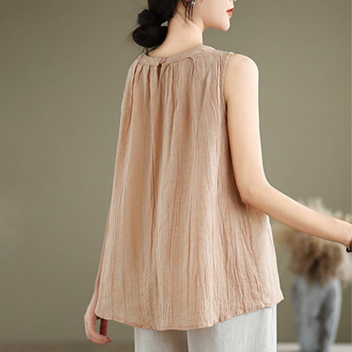 Buddha Stones Sommerfalten Einfaches Design Rundhalsausschnitt Baumwolle Leinen Damen Ärmellose Weste - image 29