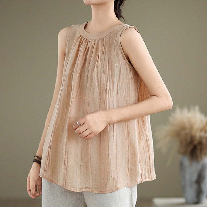 Buddha Stones Sommerfalten Einfaches Design Rundhalsausschnitt Baumwolle Leinen Damen Ärmellose Weste - image 28
