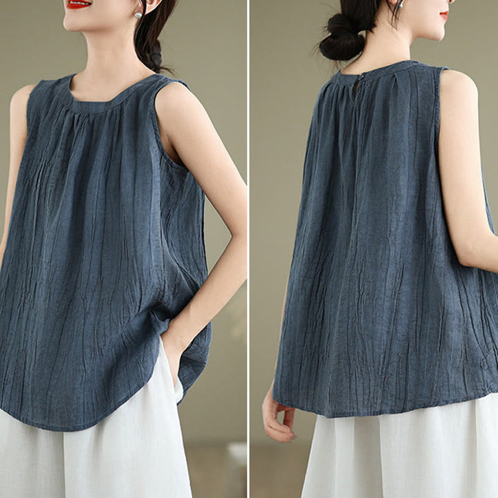 Buddha Stones Sommerfalten Einfaches Design Rundhalsausschnitt Baumwolle Leinen Damen Ärmellose Weste - image 19