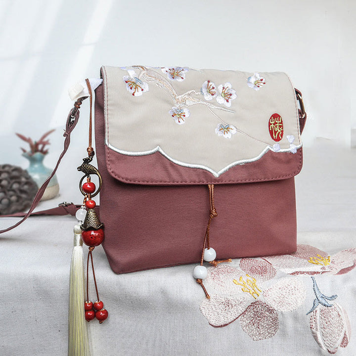 Buddha Stones Plain Braun Bestickt Plum Bossom Baumwolle Leinen Umhängetasche Schultertasche