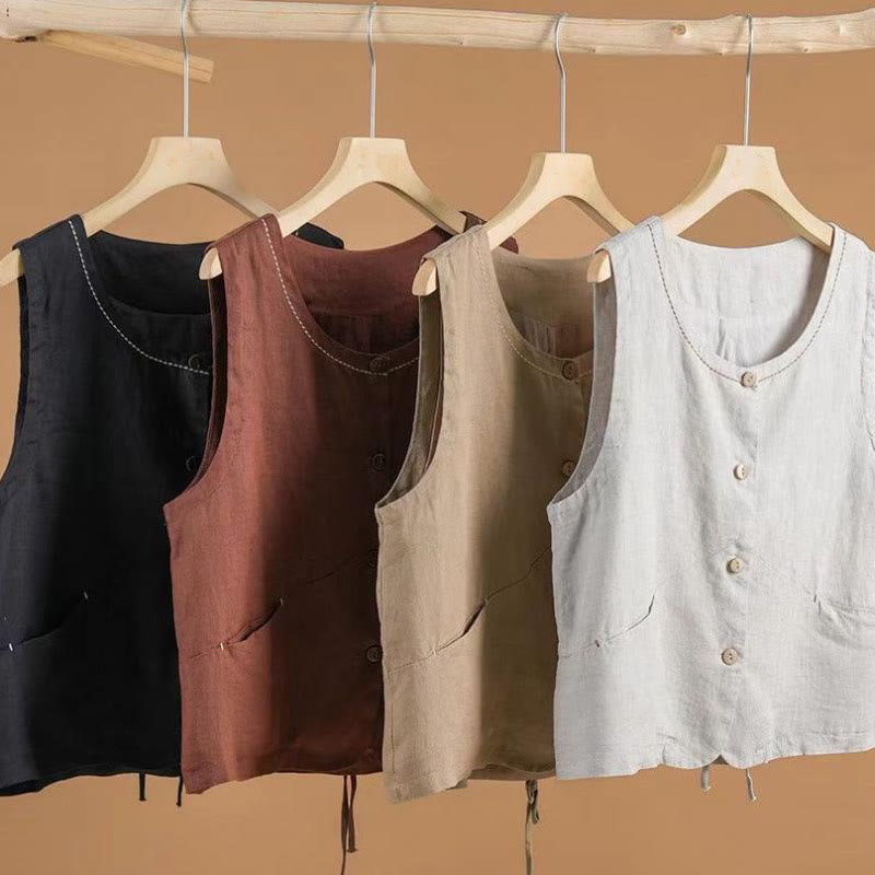 Buddha Stones Einreihiges, ärmelloses Design aus Baumwolle und Leinen für Damen mit Taschen - image 4