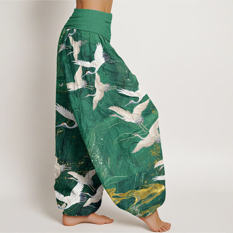 Damen Haremshose mit elastischer Taille und Buddha Stones, fliegenden weißen Kranichen und glückverheißenden Wolken - image 3