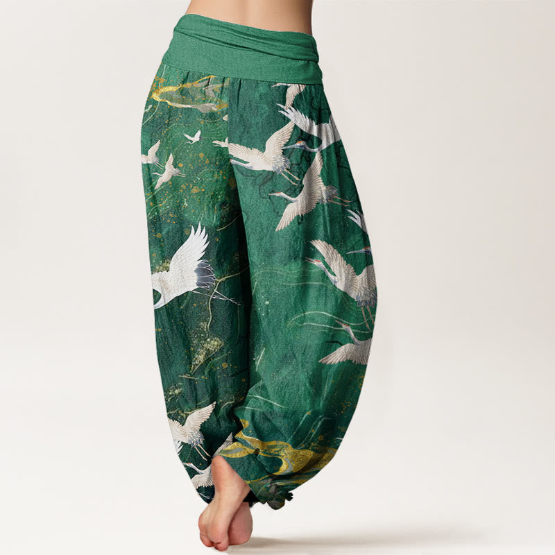 Damen-Haremshose mit Buddha Stones , fliegenden weißen Kranichen und Glückswolken-Motiv, elastischem Bund - image 1