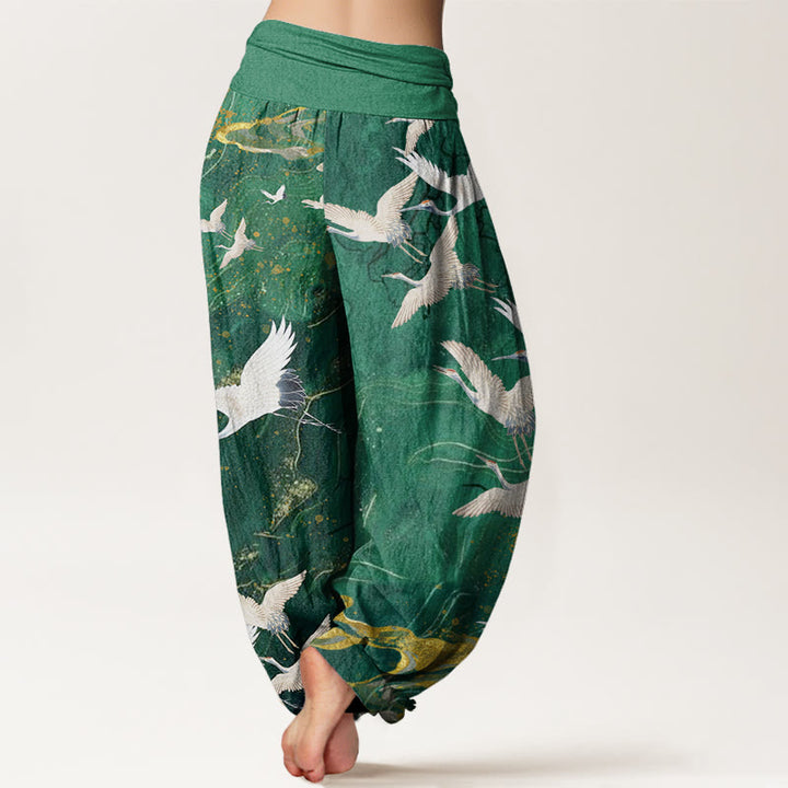 Damen Haremshose mit elastischer Taille und Buddha Stones, fliegenden weißen Kranichen und glückverheißenden Wolken - image 2