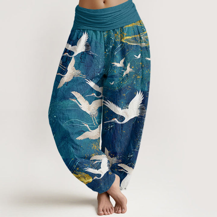 Damen-Haremshose mit Buddha Stones , fliegenden weißen Kranichen und Glückswolken-Motiv, elastischem Bund - Dunkelcyan - US22, UK/AU26, EU54 (6XL) - image 4