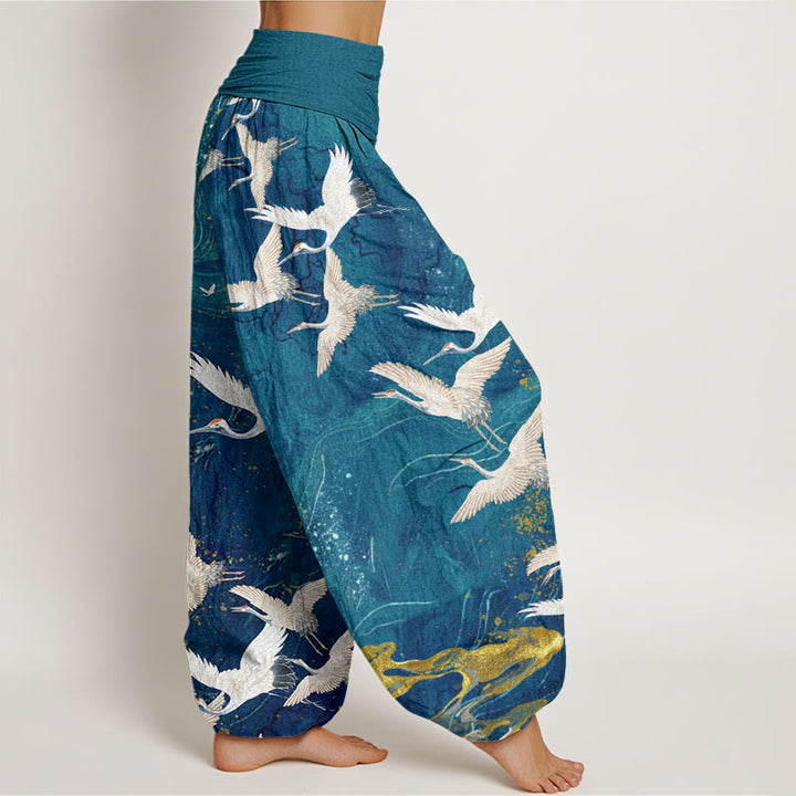 Damen Haremshose mit elastischer Taille und Buddha Stones, fliegenden weißen Kranichen und glückverheißenden Wolken - image 7