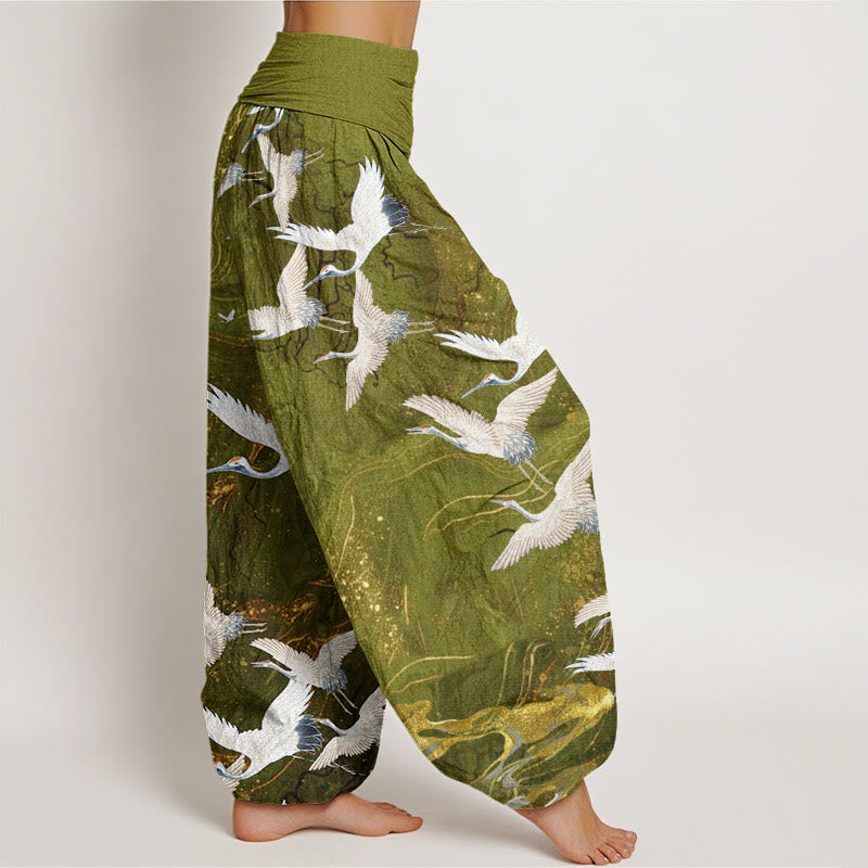 Damen Haremshose mit elastischer Taille und Buddha Stones, fliegenden weißen Kranichen und glückverheißenden Wolken - image 10