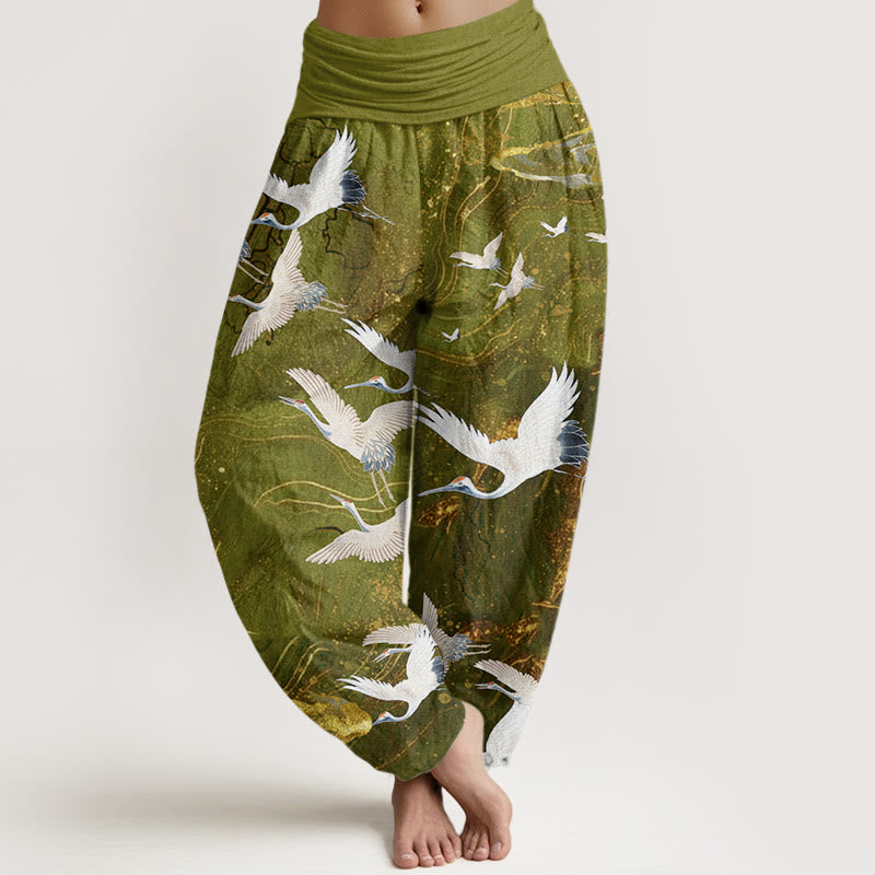 Damen Haremshose mit elastischer Taille und Buddha Stones, fliegenden weißen Kranichen und glückverheißenden Wolken - GelbGrün - US22， UK/AU26，EU54 (6XL) - image 8