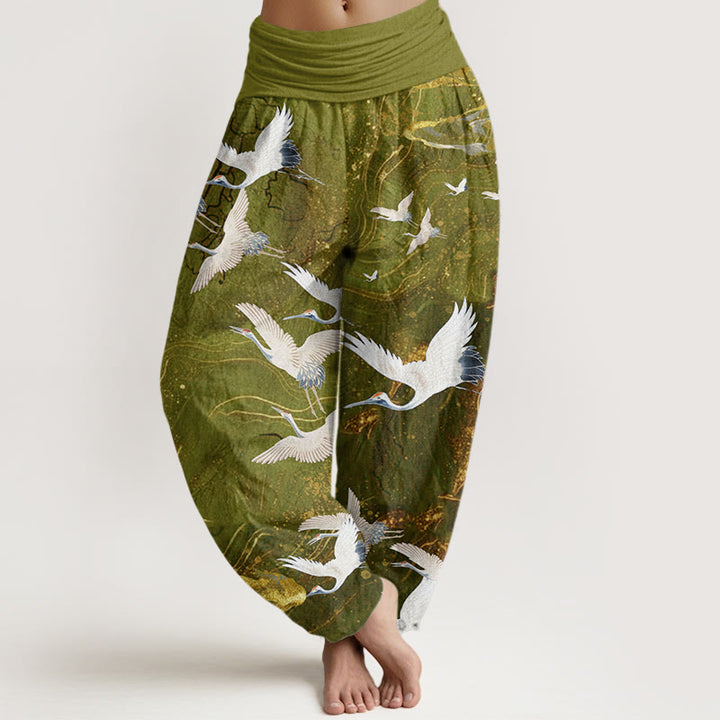 Damen Haremshose mit elastischer Taille und Buddha Stones, fliegenden weißen Kranichen und glückverheißenden Wolken - GelbGrün - US22， UK/AU26，EU54 (6XL) - image 8
