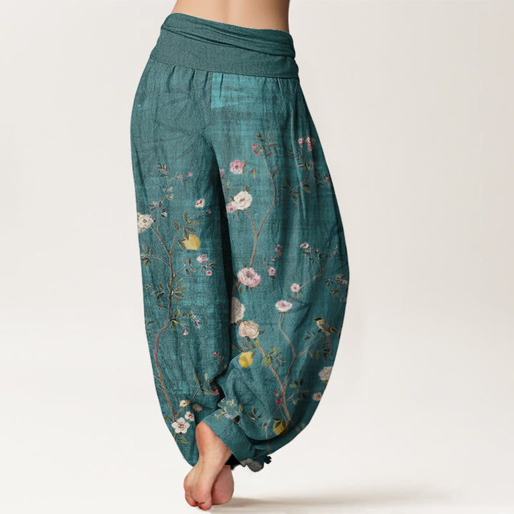 Buddha Stones, rosa, weiße Blumen, Bambusblätter, Früchte-Design, Damen-Haremshose mit elastischer Taille - image 2