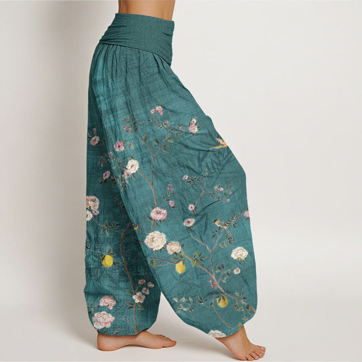 Buddha Stones, rosa, weiße Blumen, Bambusblätter, Früchte-Design, Damen-Haremshose mit elastischer Taille - image 3