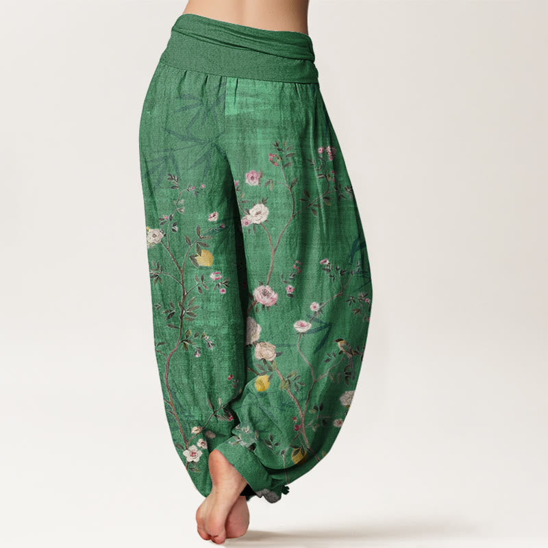 Buddha Stones, rosa, weiße Blumen, Bambusblätter, Früchte-Design, Damen-Haremshose mit elastischer Taille - image 6