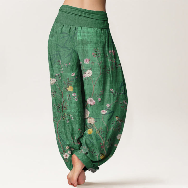 Buddha Stones, rosa, weiße Blumen, Bambusblätter, Früchte-Design, Damen-Haremshose mit elastischer Taille - image 6