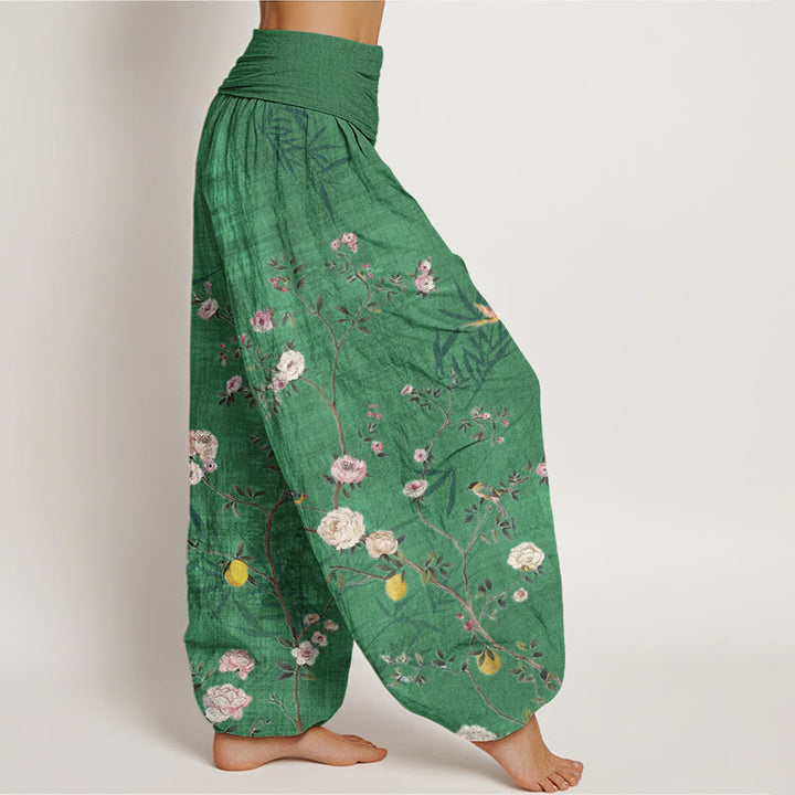 Buddha Stones, rosa, weiße Blumen, Bambusblätter, Früchte-Design, Damen-Haremshose mit elastischer Taille - image 7