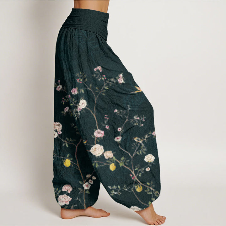 Buddha Stones, rosa, weiße Blumen, Bambusblätter, Früchte-Design, Damen-Haremshose mit elastischer Taille - image 10