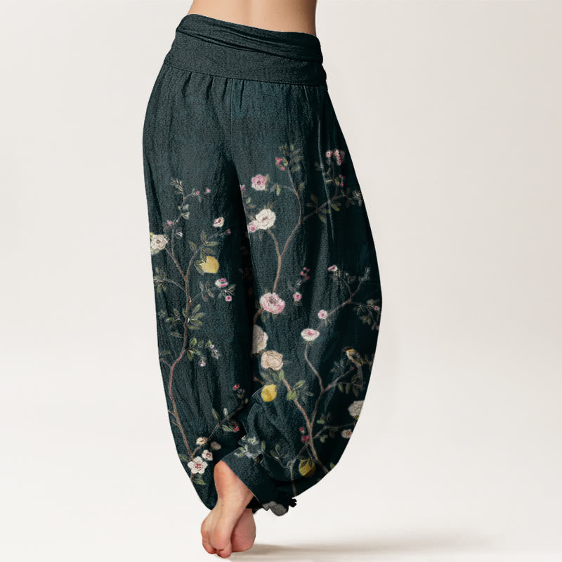 Buddha Stones, rosa, weiße Blumen, Bambusblätter, Früchte-Design, Damen-Haremshose mit elastischer Taille - image 9