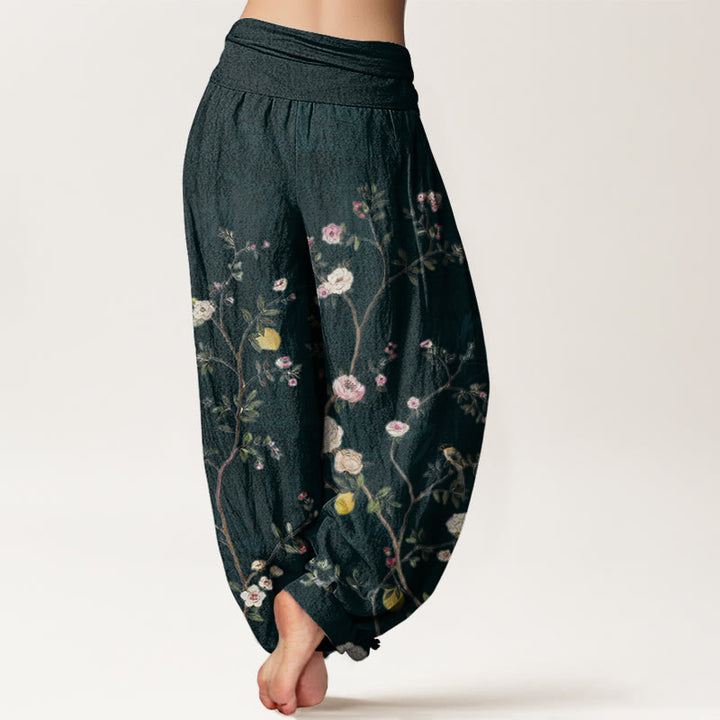 Buddha Stones, rosa, weiße Blumen, Bambusblätter, Früchte-Design, Damen-Haremshose mit elastischer Taille - image 9