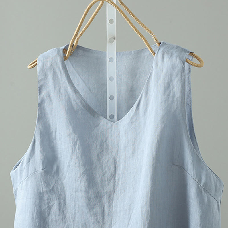 Buddha Stones Vintage Pure Color V-Ausschnitt Baumwolle Ärmellose Damen Weste - image 1