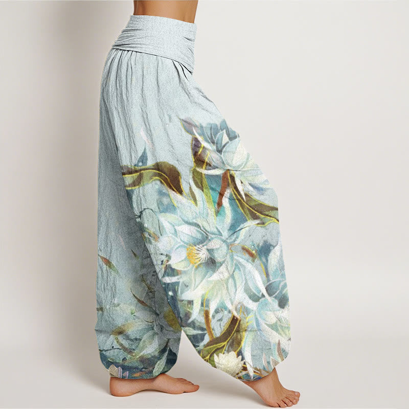 Haremshose aus Baumwolle mit Buddha Stones und Epiphyllum-Blumenmuster sowie elastischem Bund für Damen - image 2