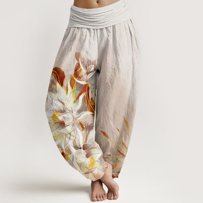 Haremshose aus Baumwolle mit Buddha Stones und Epiphyllum-Blumenmuster sowie elastischem Bund für Damen - Beige - US22, UK/AU26, EU54 (6XL) - image 4