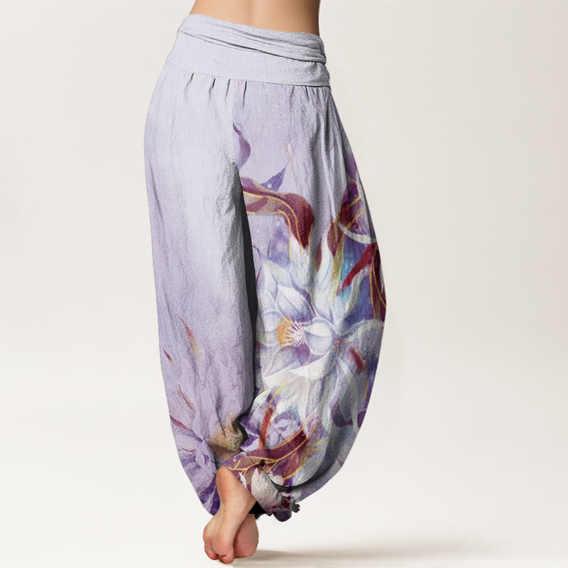 Haremshose für Damen mit elastischer Taille und Buddha Stones, Epiphyllum-Blumen-Design - image 9