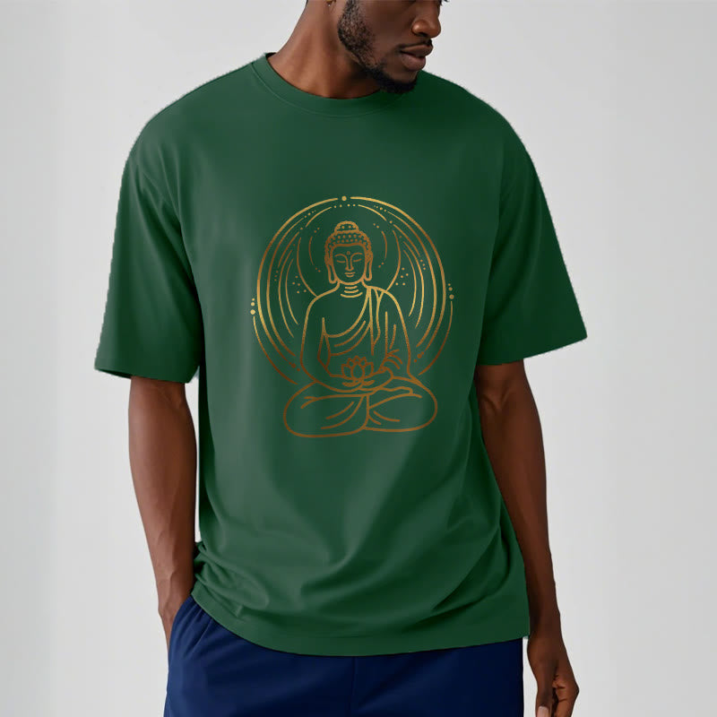 Buddha Stones ​​Goldene Meditation Buddha Halo Hält EINE Lotus Blume T T-shirt - image 1